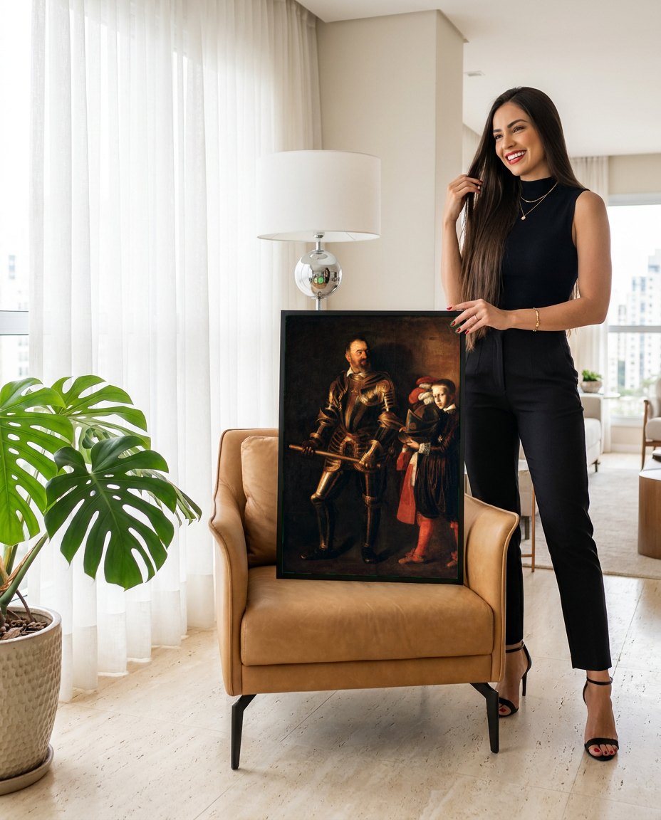 Quadro Decorativo Retrato de Cavaleiro com Pajem - Caravaggio | modelo apresentando o quadro emoldurado