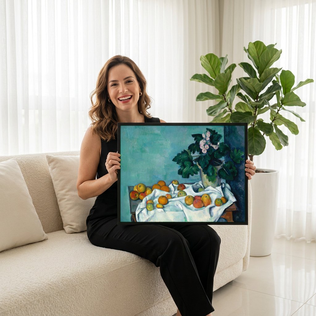 Quadro Decorativo Natureza-Morta com Maçãs - Cézanne | modelo apresentando o quadro emoldurado