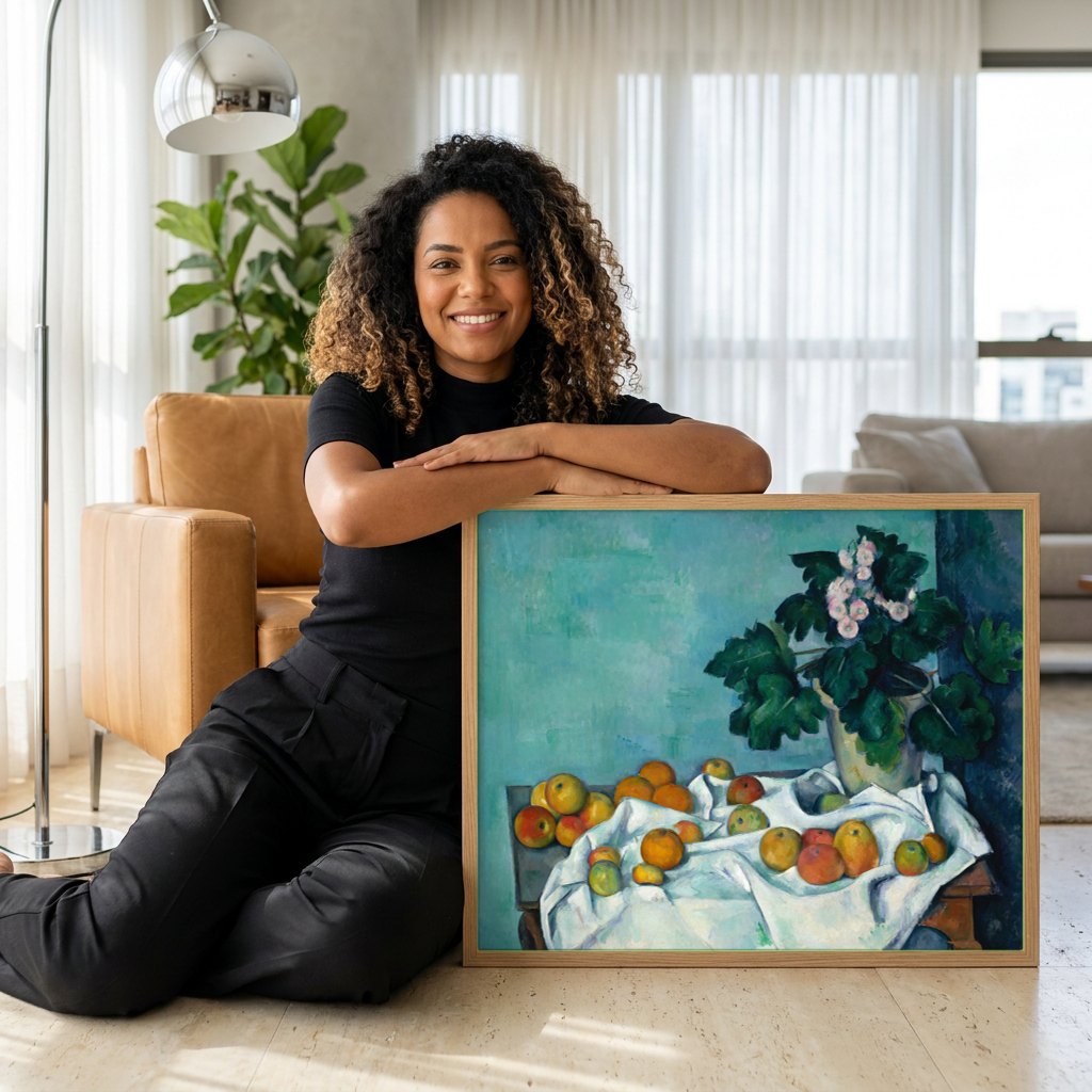 Quadro Decorativo Natureza-Morta com Maçãs - Cézanne | modelo apresentando o quadro emoldurado