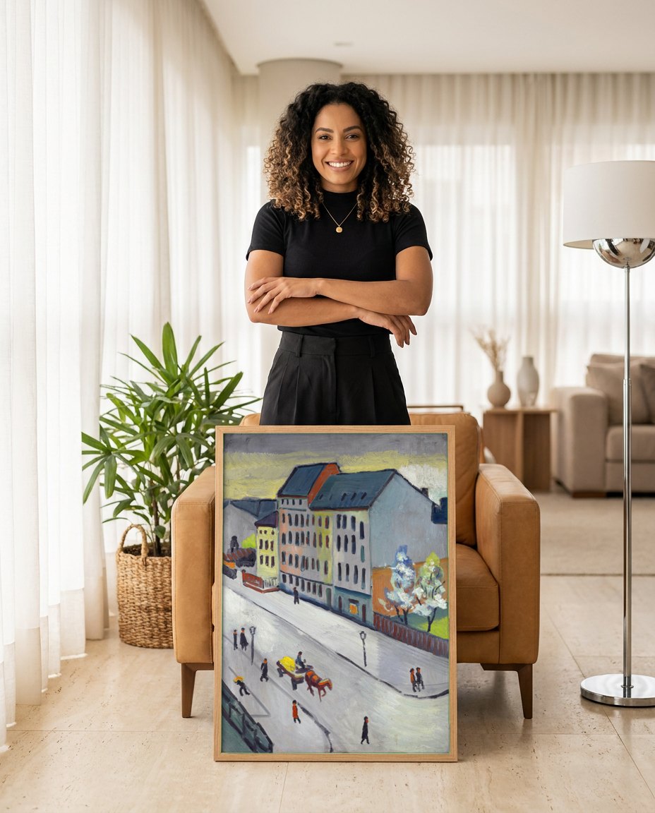 Quadro Decorativo Cena Urbana - August Macke | modelo apresentando o quadro emoldurado