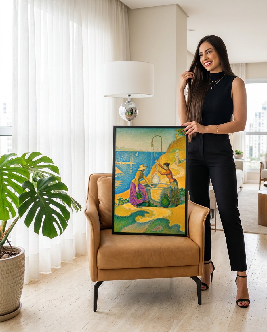 Quadro Decorativo A Fonte – Paul Signac | modelo apresentando o quadro emoldurado
