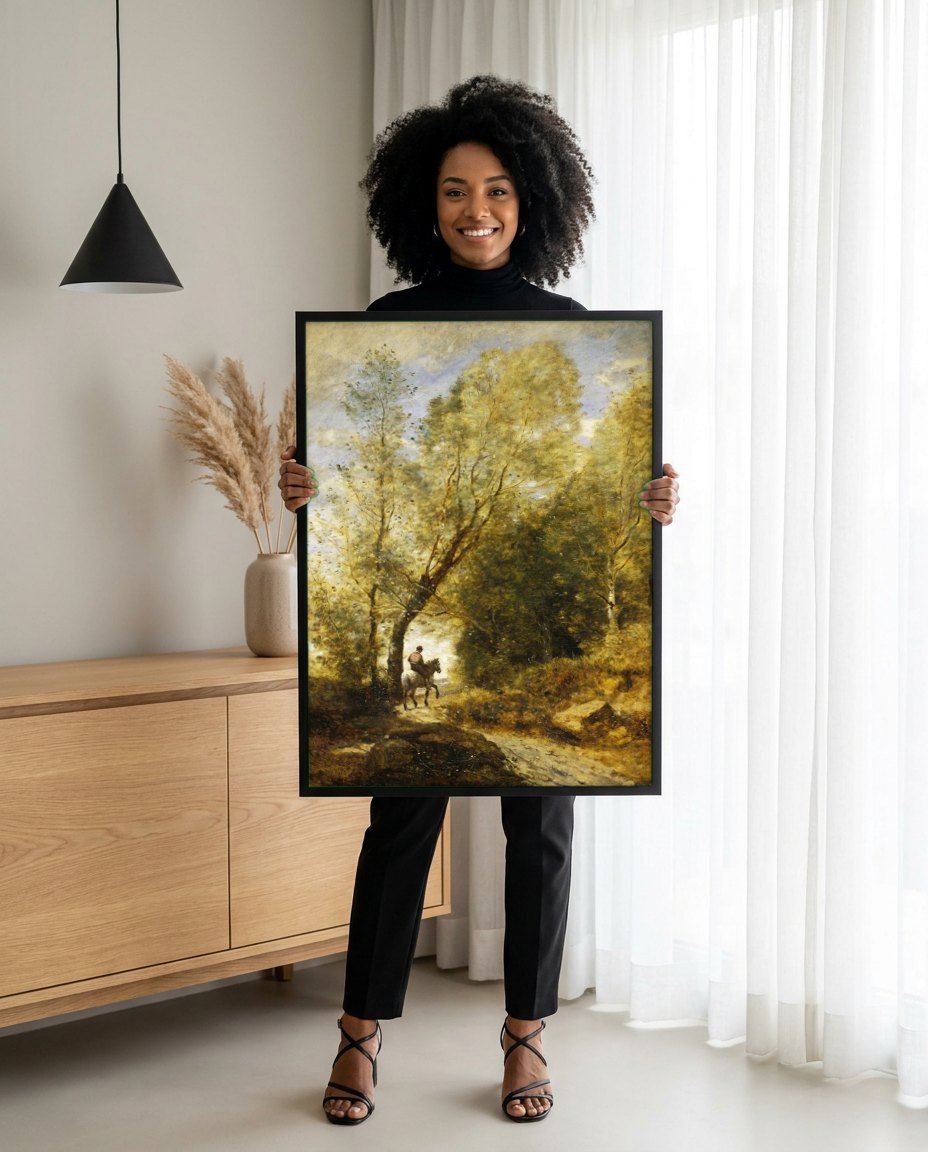 Quadro Decorativo Floresta e Cavaleiro - Corot | modelo apresentando o quadro emoldurado