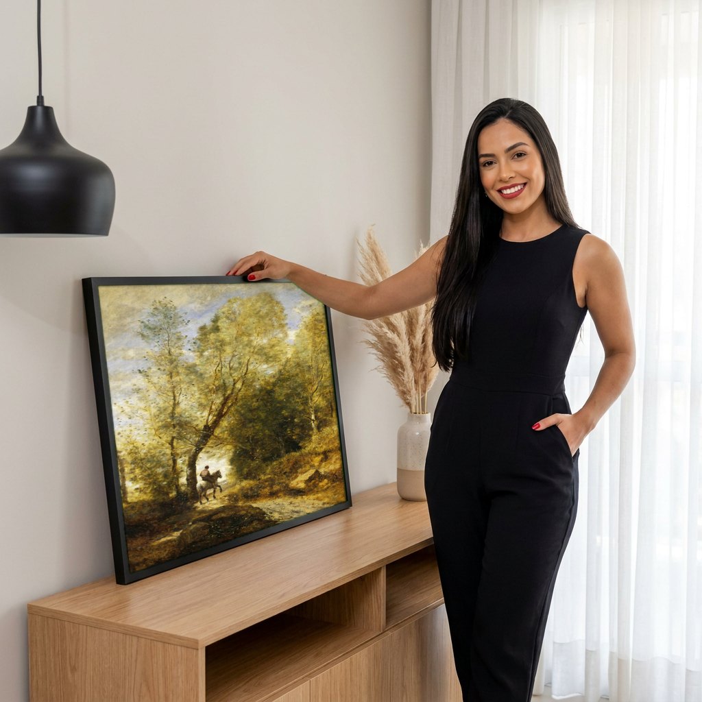 Quadro Decorativo Floresta e Cavaleiro - Corot | modelo apresentando o quadro emoldurado