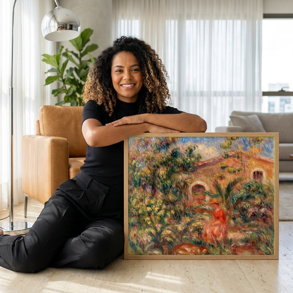 Quadro Decorativo Jardins com Mulher e Cão - Renoir | modelo apresentando o quadro emoldurado