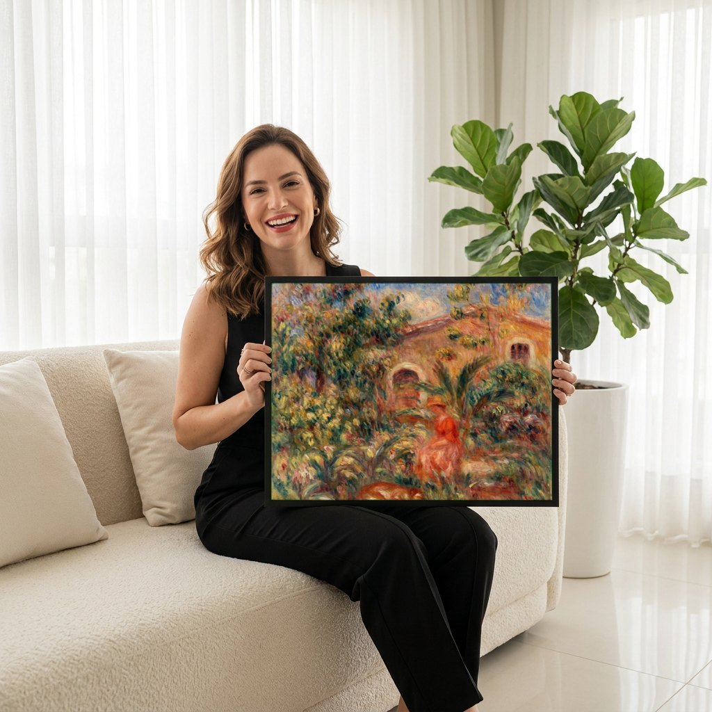 Quadro Decorativo Jardins com Mulher e Cão - Renoir | modelo apresentando o quadro emoldurado