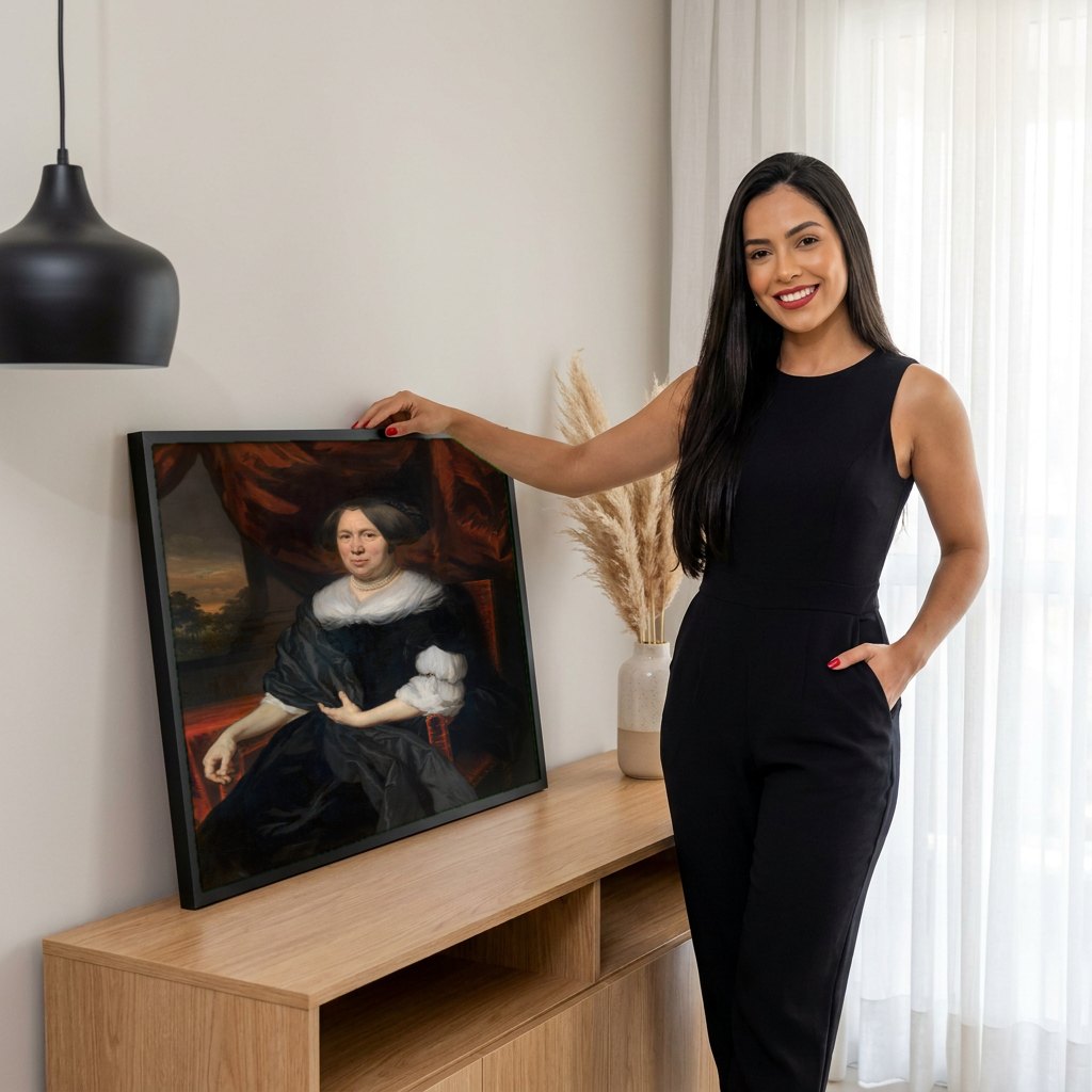 Quadro Decorativo Retrato de Senhora - Nicolaes Maes | modelo apresentando o quadro emoldurado
