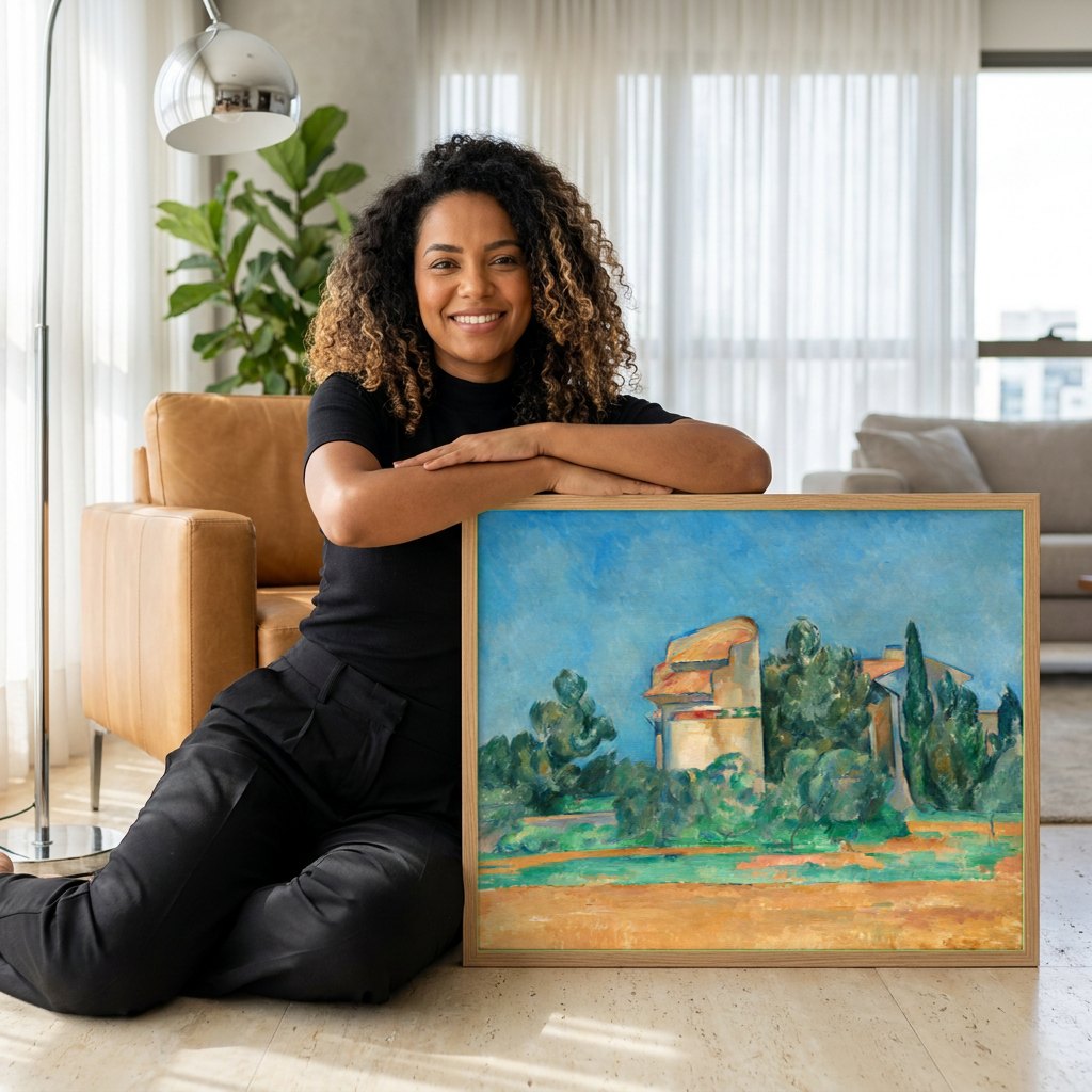 Quadro Decorativo Campo Provençal - Paul Cézanne | modelo apresentando o quadro emoldurado