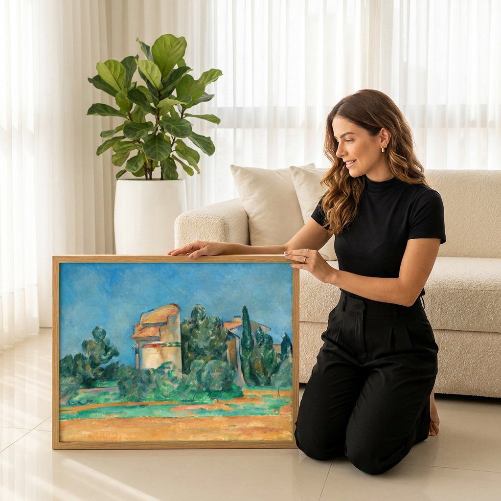 Quadro Decorativo Campo Provençal - Paul Cézanne | modelo apresentando o quadro emoldurado