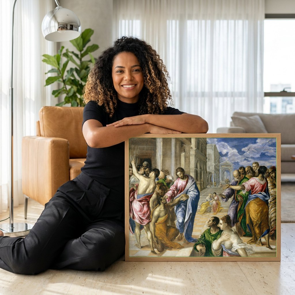 Quadro Decorativo A Cura do Cego - El Greco | modelo apresentando o quadro emoldurado