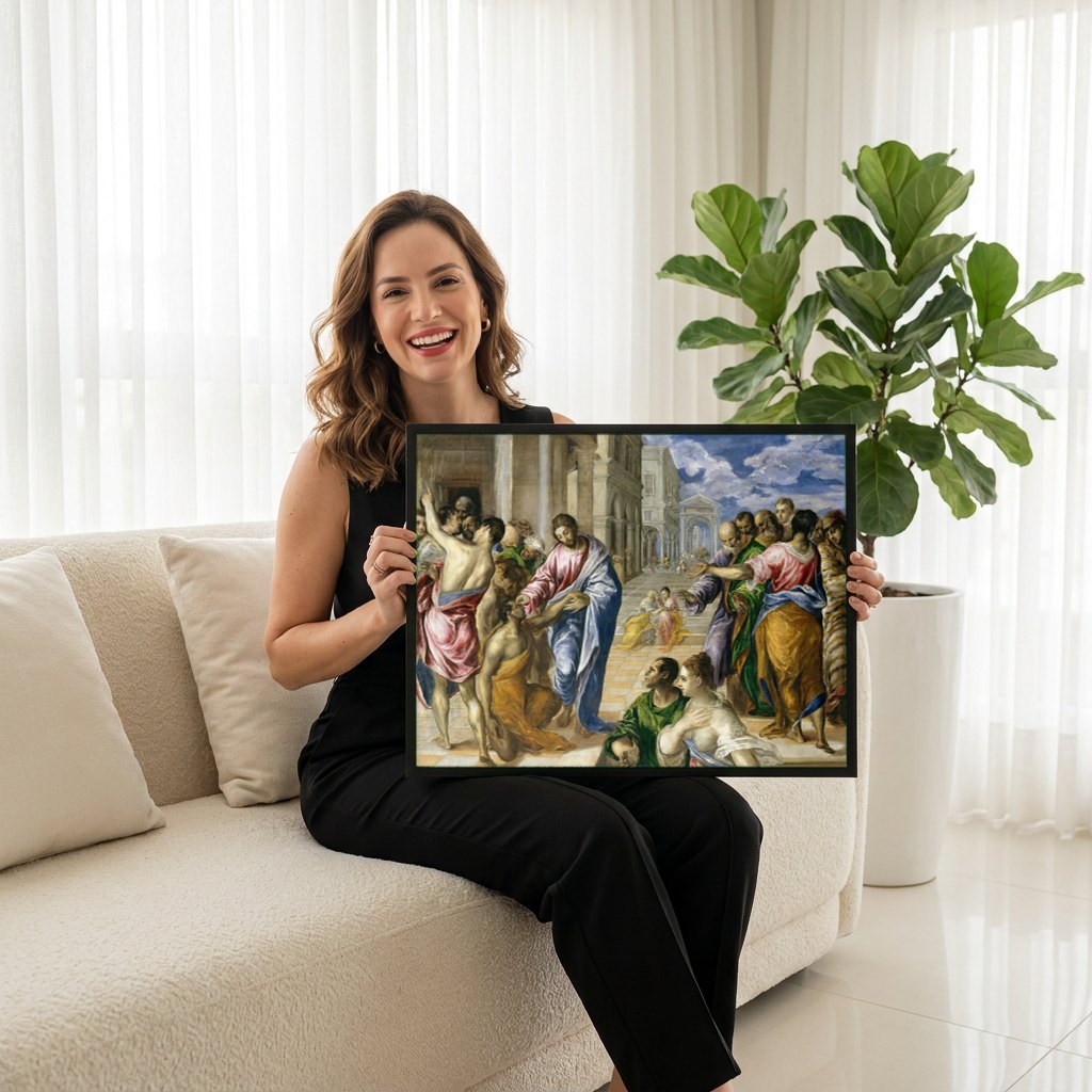 Quadro Decorativo A Cura do Cego - El Greco | modelo apresentando o quadro emoldurado