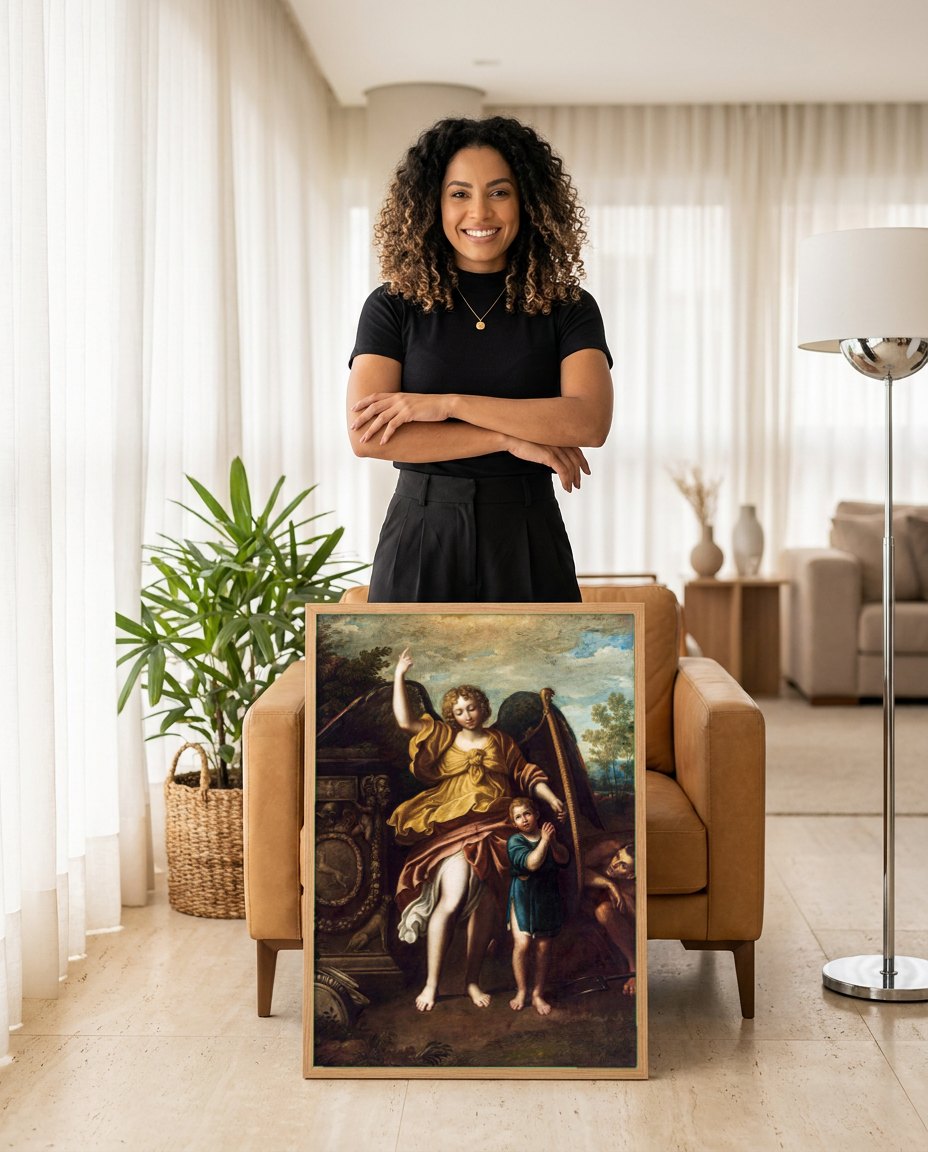 Quadro Decorativo Anjo da Guarda - Domenichino Zampieri | modelo apresentando o quadro emoldurado