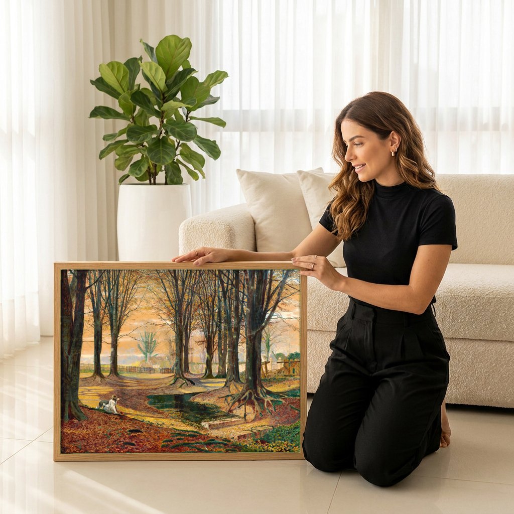 Quadro Decorativo Floresta Outonal com Cão - Grimshaw | modelo apresentando o quadro emoldurado