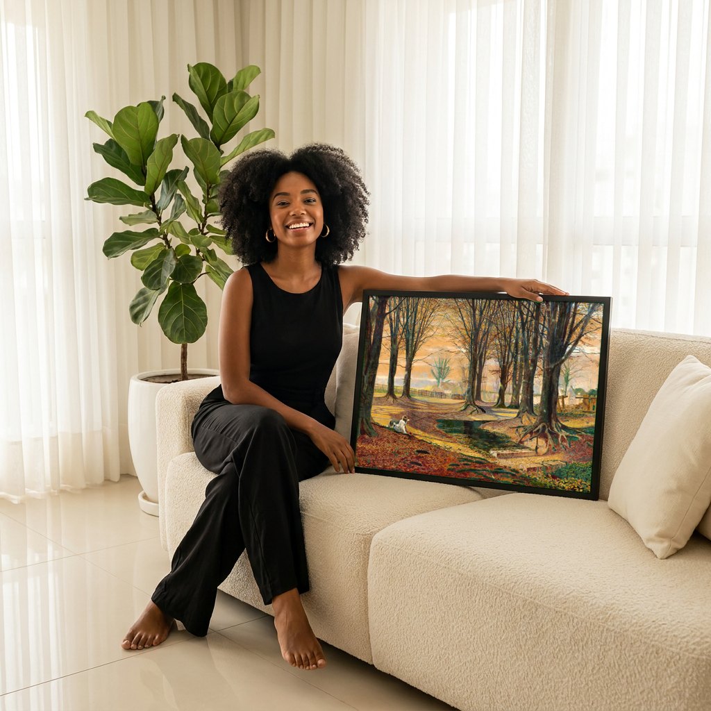 Quadro Decorativo Floresta Outonal com Cão - Grimshaw | modelo apresentando o quadro emoldurado