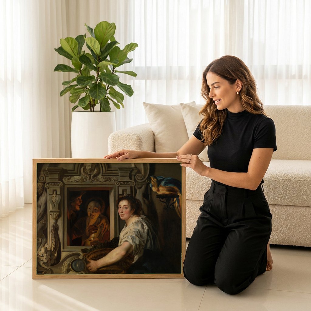 Quadro Decorativo A Oferta de Frutas - Jacob Jordaens | modelo apresentando o quadro emoldurado