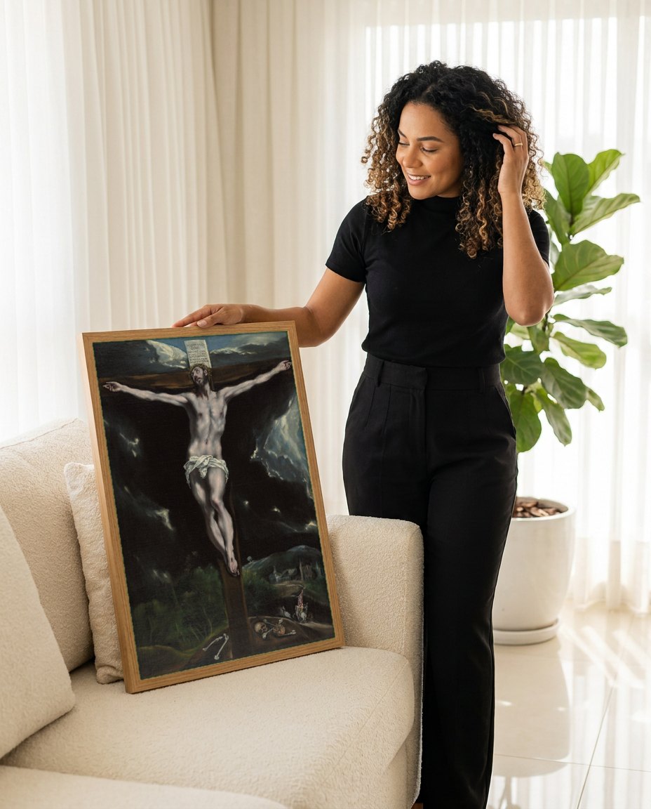 Quadro Decorativo A Crucificação - El Greco | modelo apresentando o quadro emoldurado