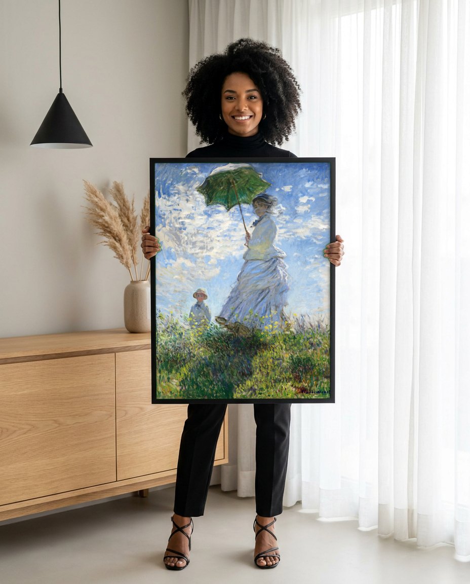 Quadro Decorativo Mulher com Sombrinha - Claude Monet | modelo apresentando o quadro emoldurado