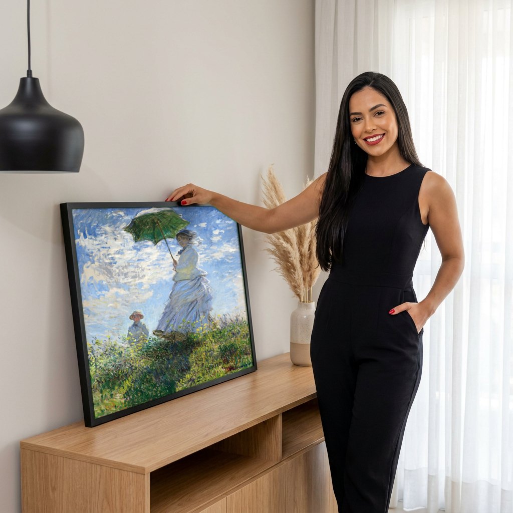 Quadro Decorativo Mulher com Sombrinha - Claude Monet | modelo apresentando o quadro emoldurado
