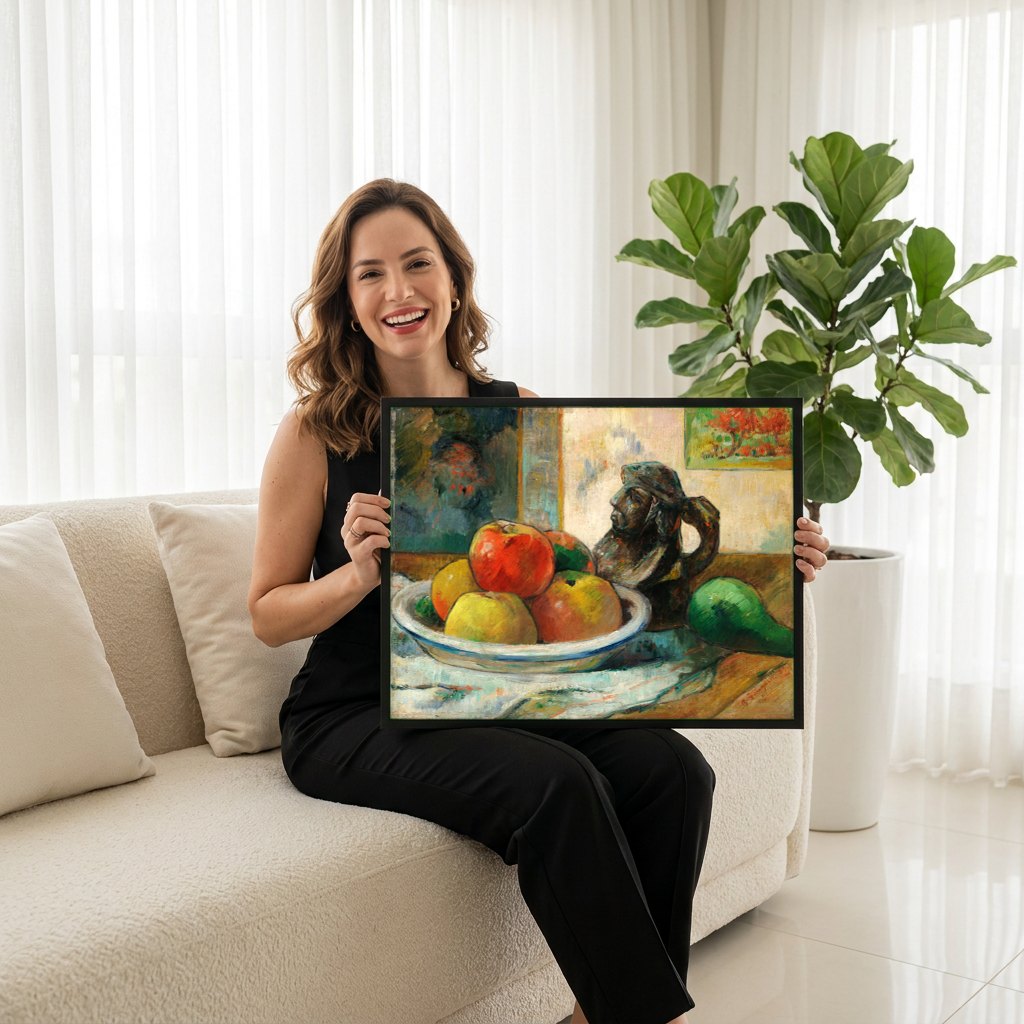 Quadro Decorativo Natureza-Morta com Maçãs - Paul Gauguin | modelo apresentando o quadro emoldurado