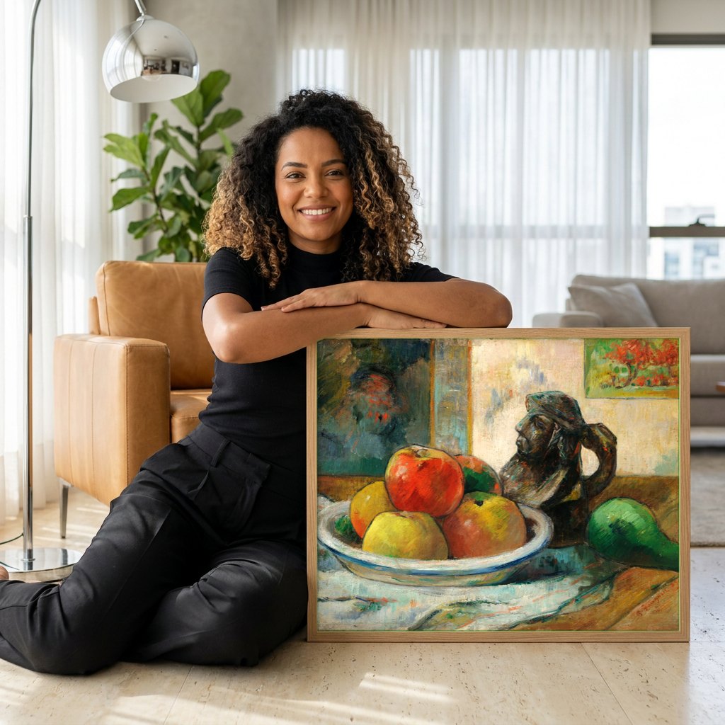 Quadro Decorativo Natureza-Morta com Maçãs - Paul Gauguin | modelo apresentando o quadro emoldurado