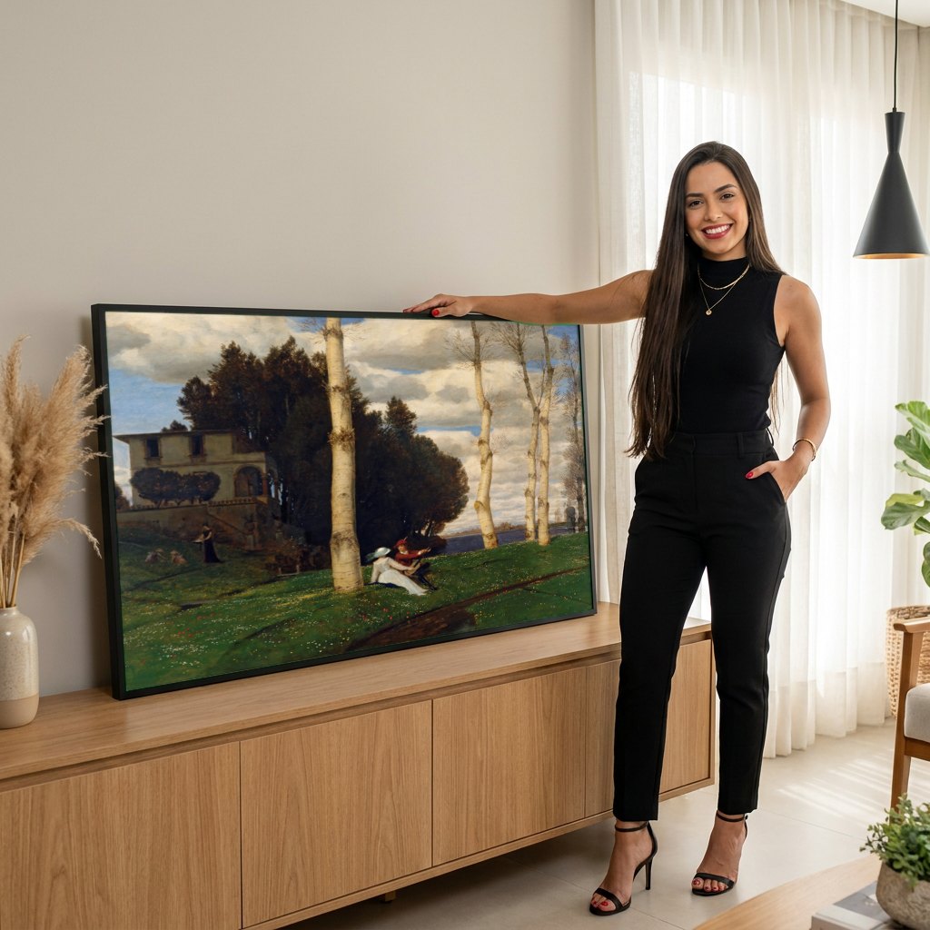 Quadro Decorativo A Primavera - Arnold Böcklin | modelo apresentando o quadro emoldurado