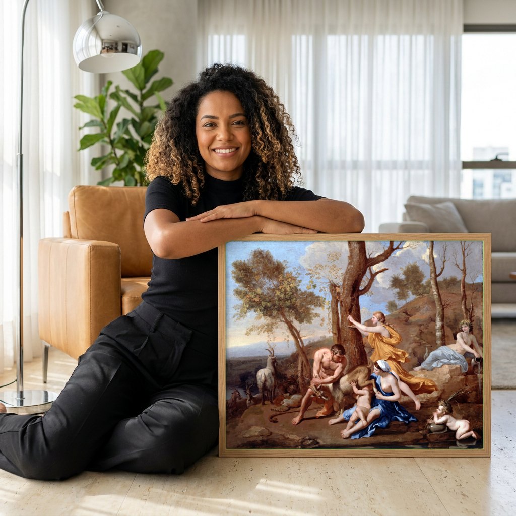 Quadro Decorativo A Infancia de Baco - Nicolas Poussin | modelo apresentando o quadro emoldurado