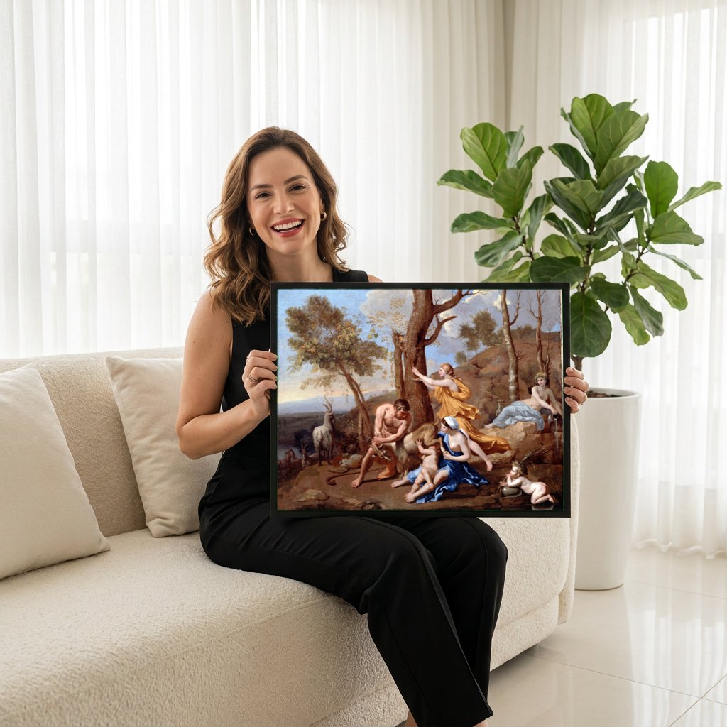 Quadro Decorativo A Infancia de Baco - Nicolas Poussin | modelo apresentando o quadro emoldurado