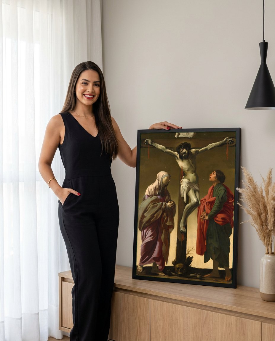 Quadro Decorativo A Crucificação - Hendrick ter Brugghen | modelo apresentando o quadro emoldurado
