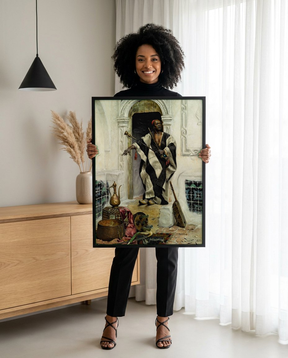 Quadro Decorativo O Músico - Ludwig Deutsch | modelo apresentando o quadro emoldurado