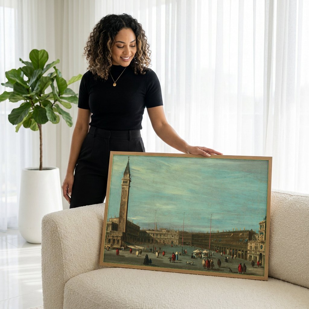 Quadro Decorativo Piazza San Marco - Francesco Guardi | modelo apresentando o quadro emoldurado