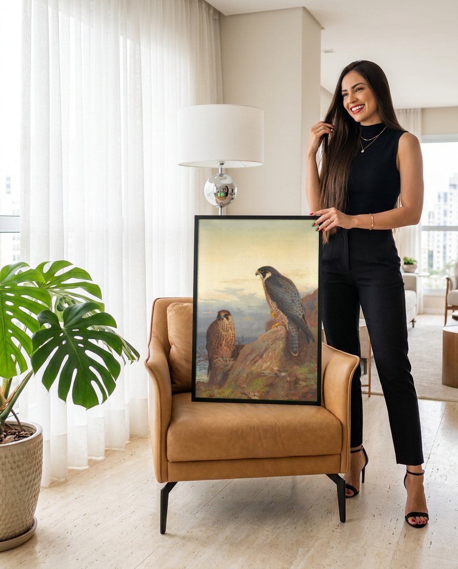 Quadro Decorativo Falcões Peregrinos - Archibald Thorburn | modelo apresentando o quadro emoldurado