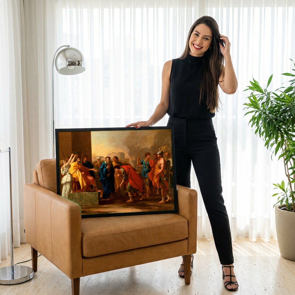Quadro Decorativo A Oferta a Júpiter - Nicolas Poussin | modelo apresentando o quadro emoldurado