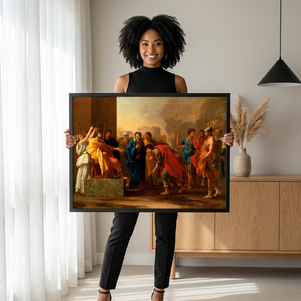 Quadro Decorativo A Oferta a Júpiter - Nicolas Poussin | modelo apresentando o quadro emoldurado