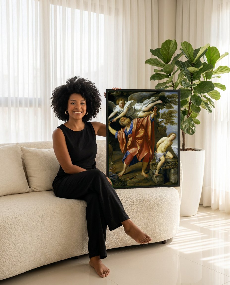 Quadro Decorativo O Sacrifício de Isaac - Domenichino | modelo apresentando o quadro emoldurado