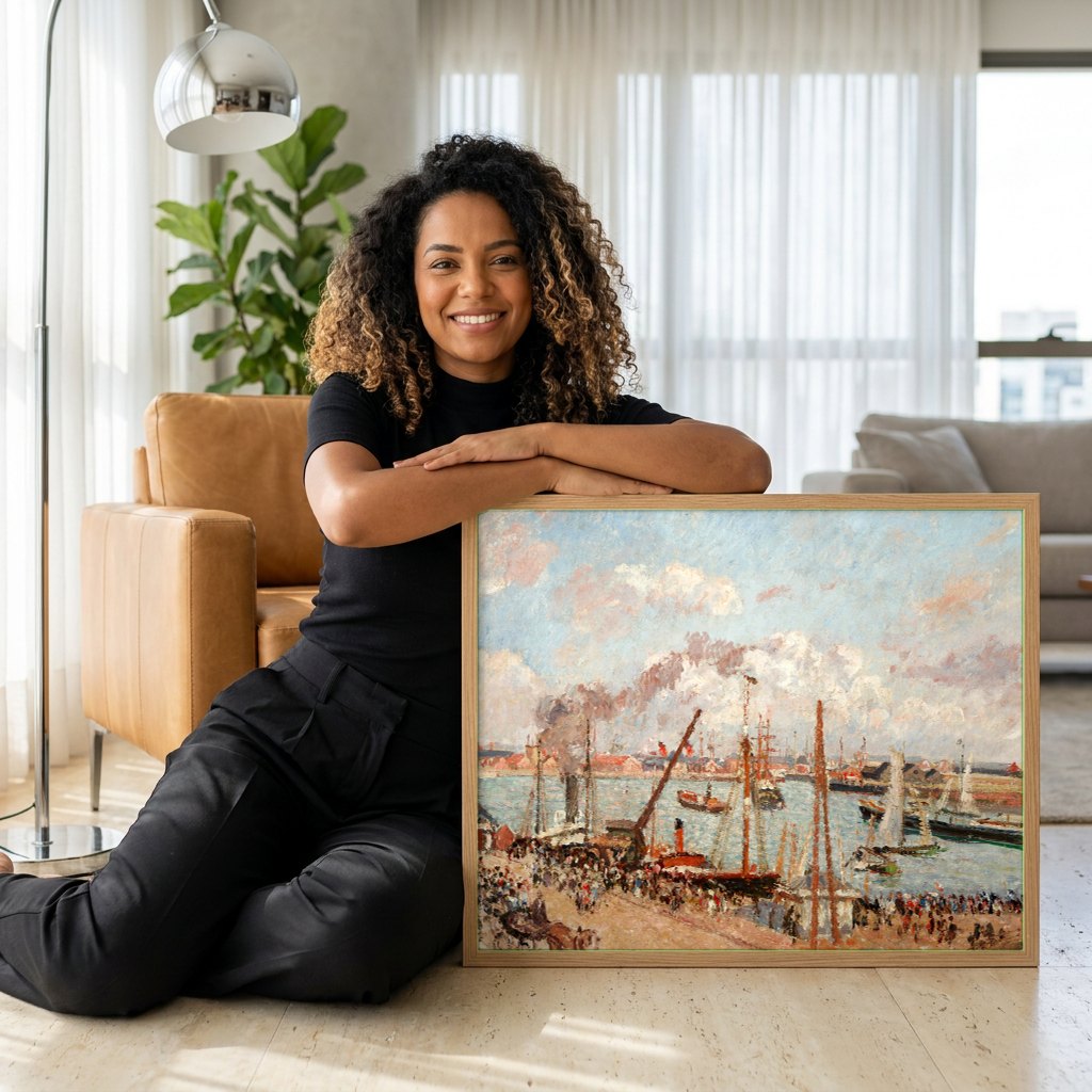 Quadro Decorativo Porto de Rouen, Tarde - Camille Pissarro | modelo apresentando o quadro emoldurado