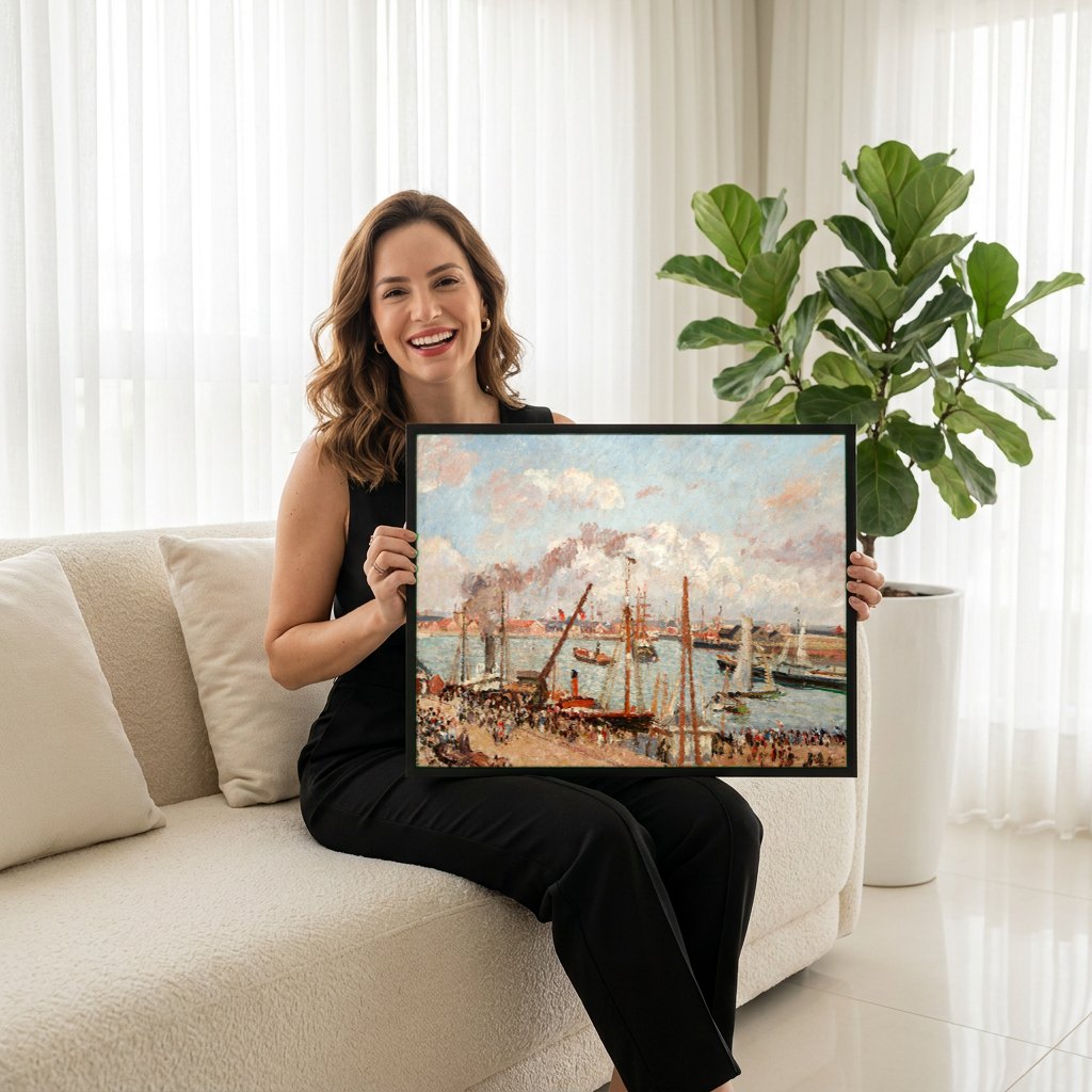 Quadro Decorativo Porto de Rouen, Tarde - Camille Pissarro | modelo apresentando o quadro emoldurado