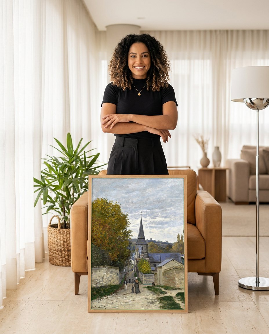Quadro Decorativo A Igreja de Vétheuil - Claude Monet | modelo apresentando o quadro emoldurado