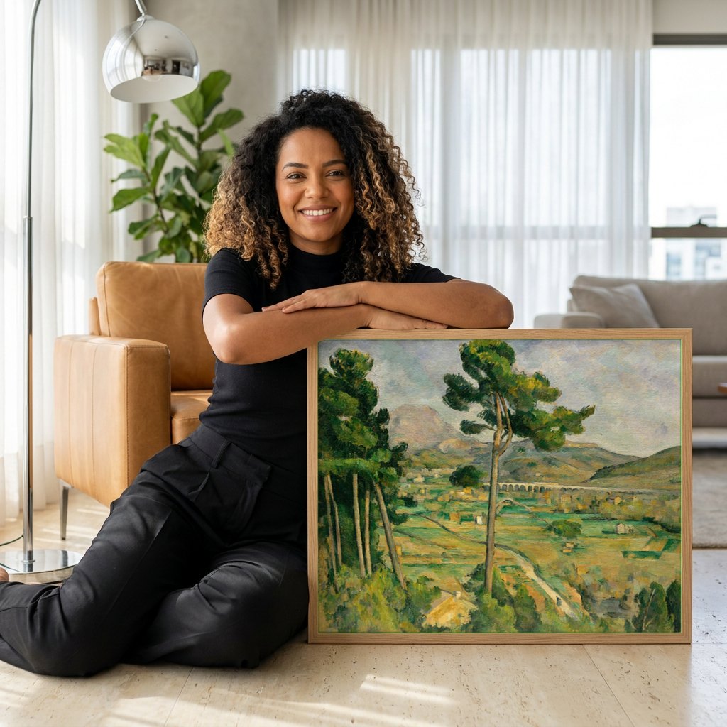 Quadro Decorativo Campo Provençal - Paul Cézanne | modelo apresentando o quadro emoldurado
