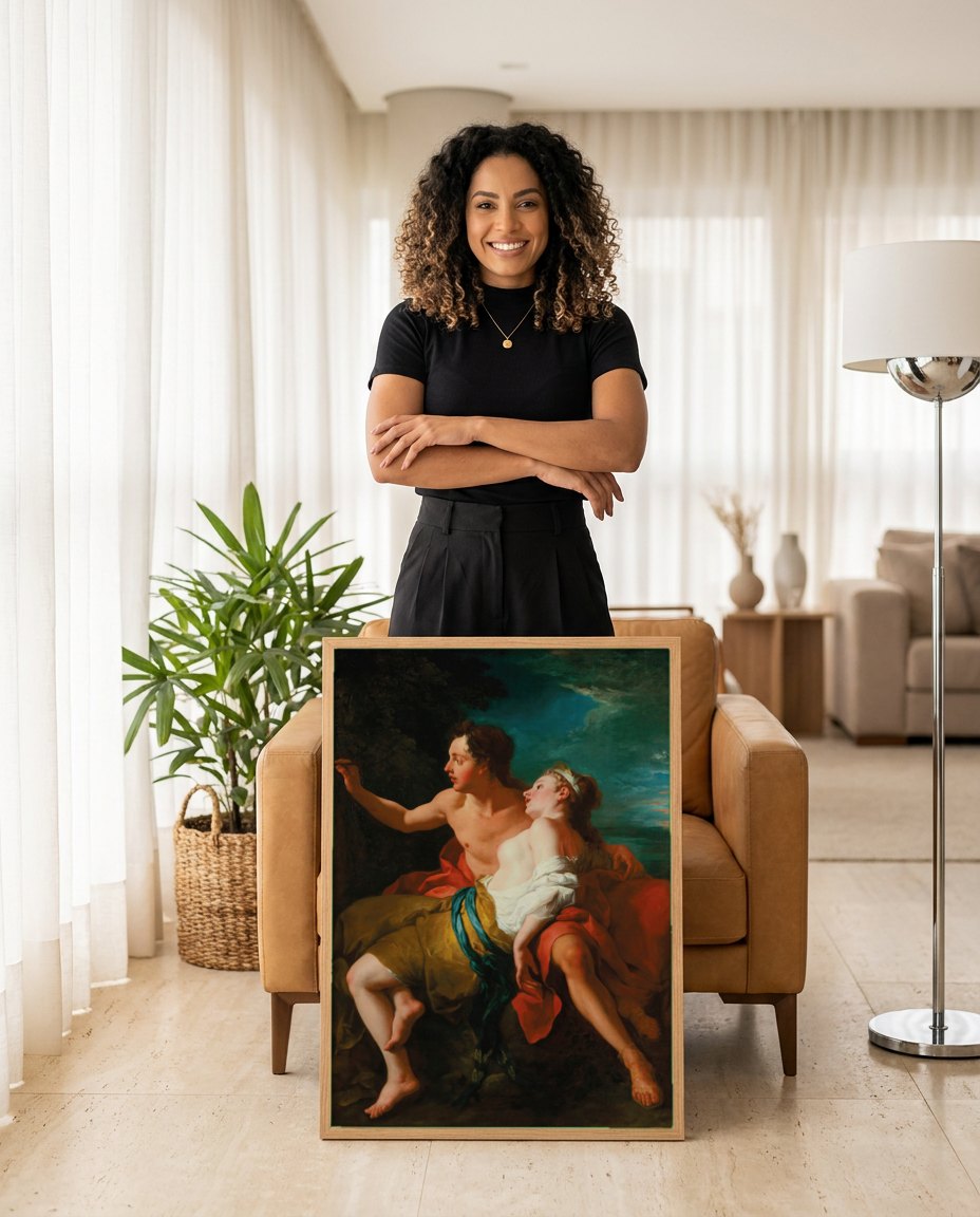 Quadro Decorativo Cena Romântica Clássica - Jean François de Troy | modelo apresentando o quadro emoldurado