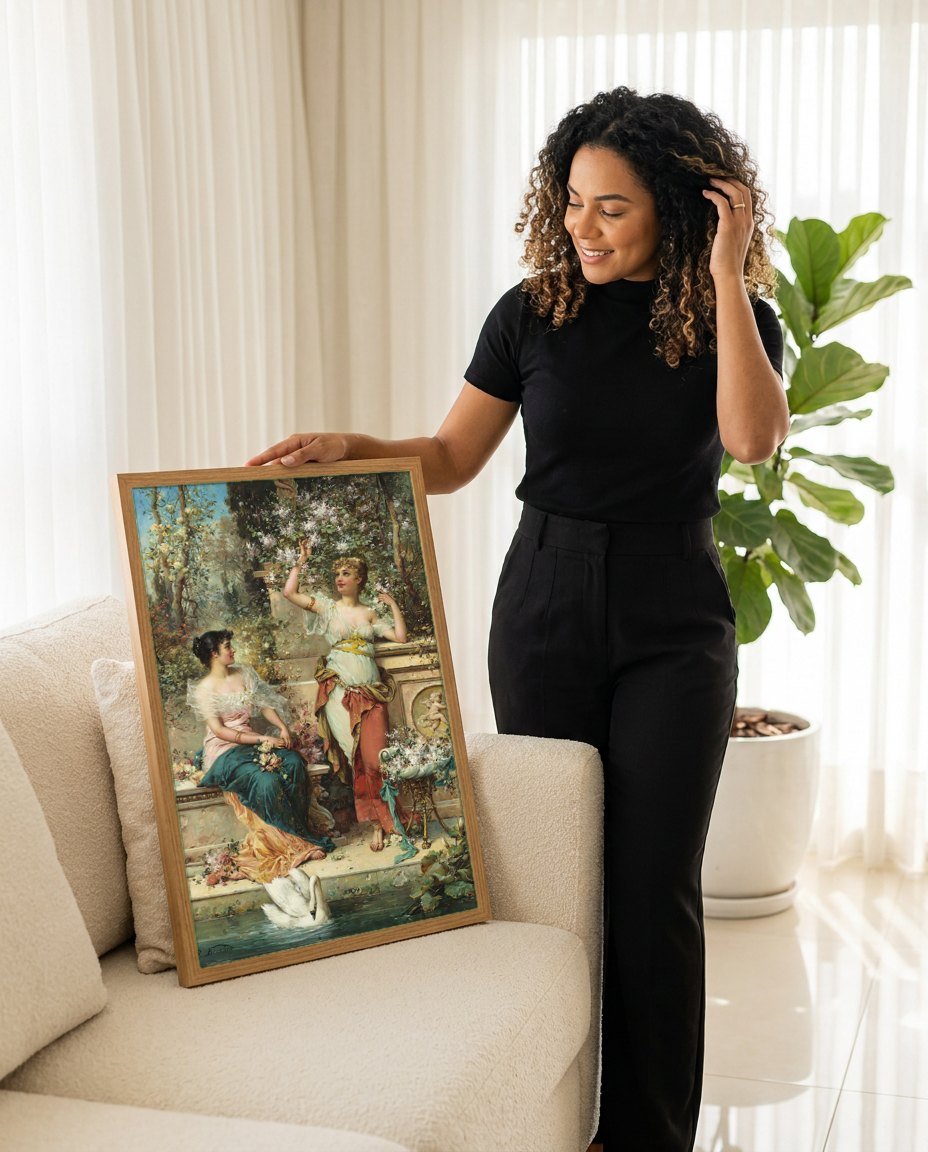 Quadro Decorativo Jardins Floridos com Cisne - Hans Zatzka | modelo apresentando o quadro emoldurado