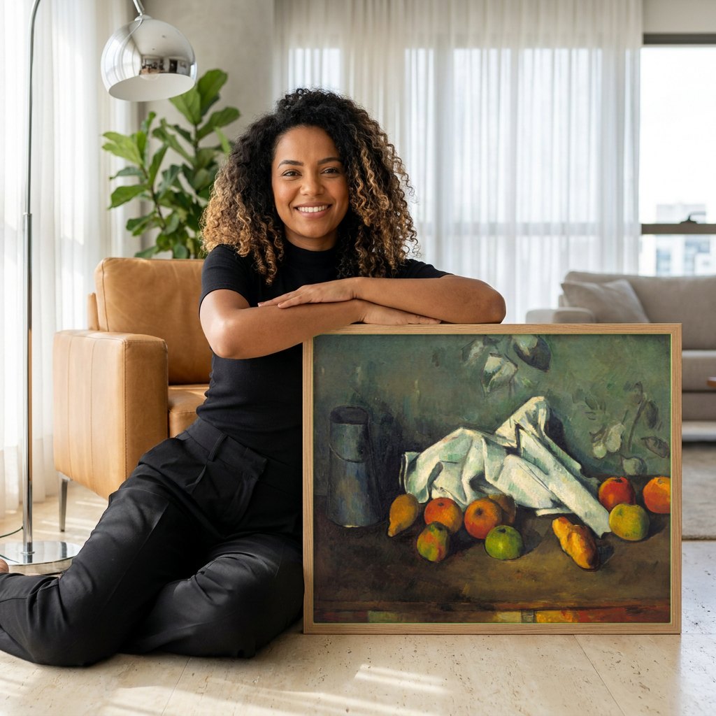 Quadro Decorativo Natureza-Morta com Maçãs e Pêras - Cézanne | modelo apresentando o quadro emoldurado