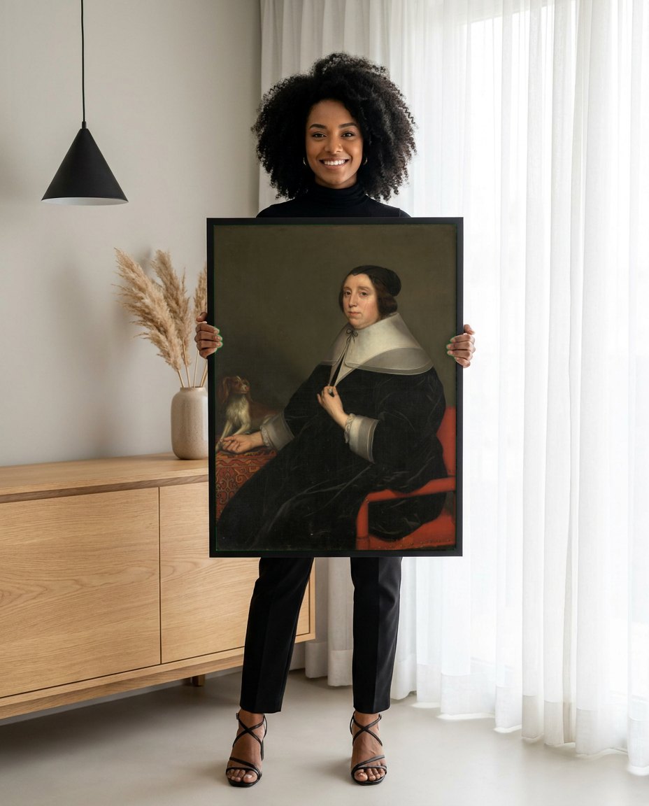 Quadro Decorativo Retrato Feminino com Cão - Honthorst | modelo apresentando o quadro emoldurado