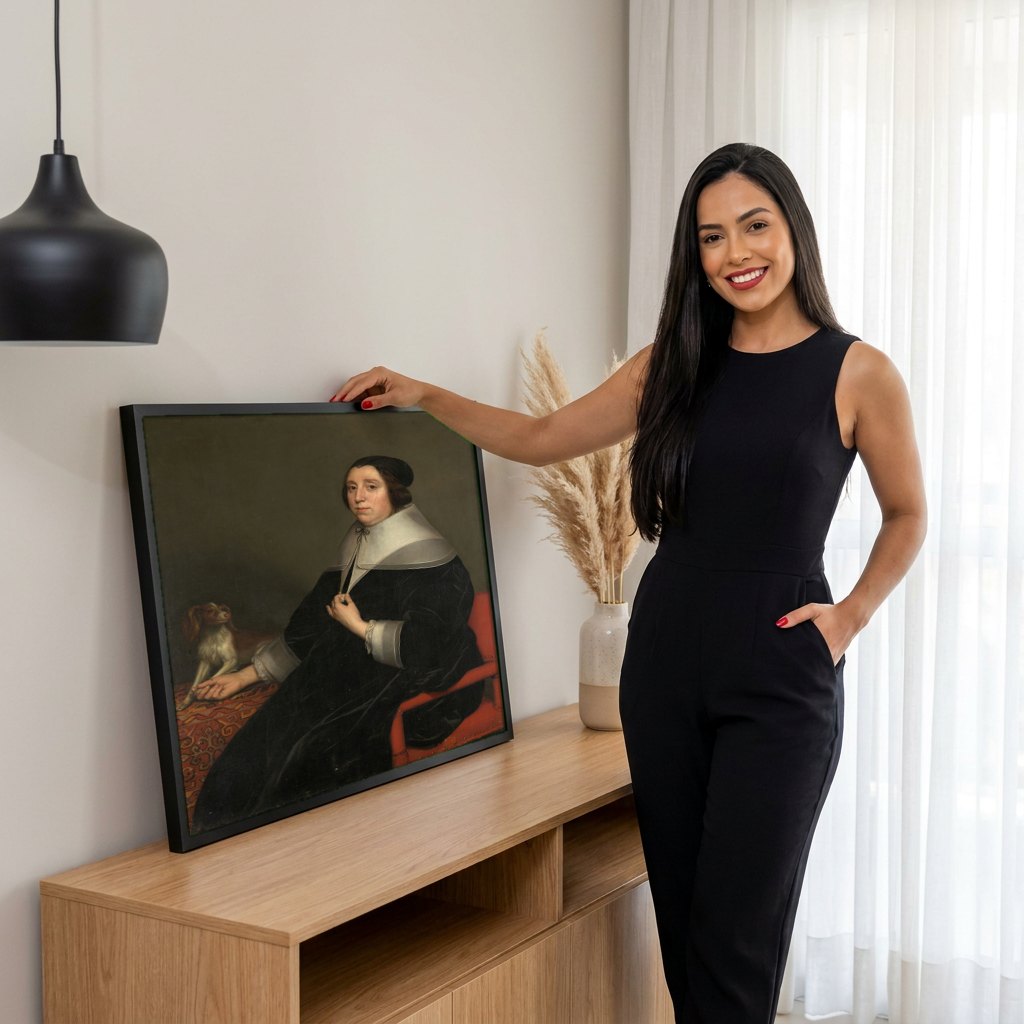 Quadro Decorativo Retrato Feminino com Cão - Honthorst | modelo apresentando o quadro emoldurado