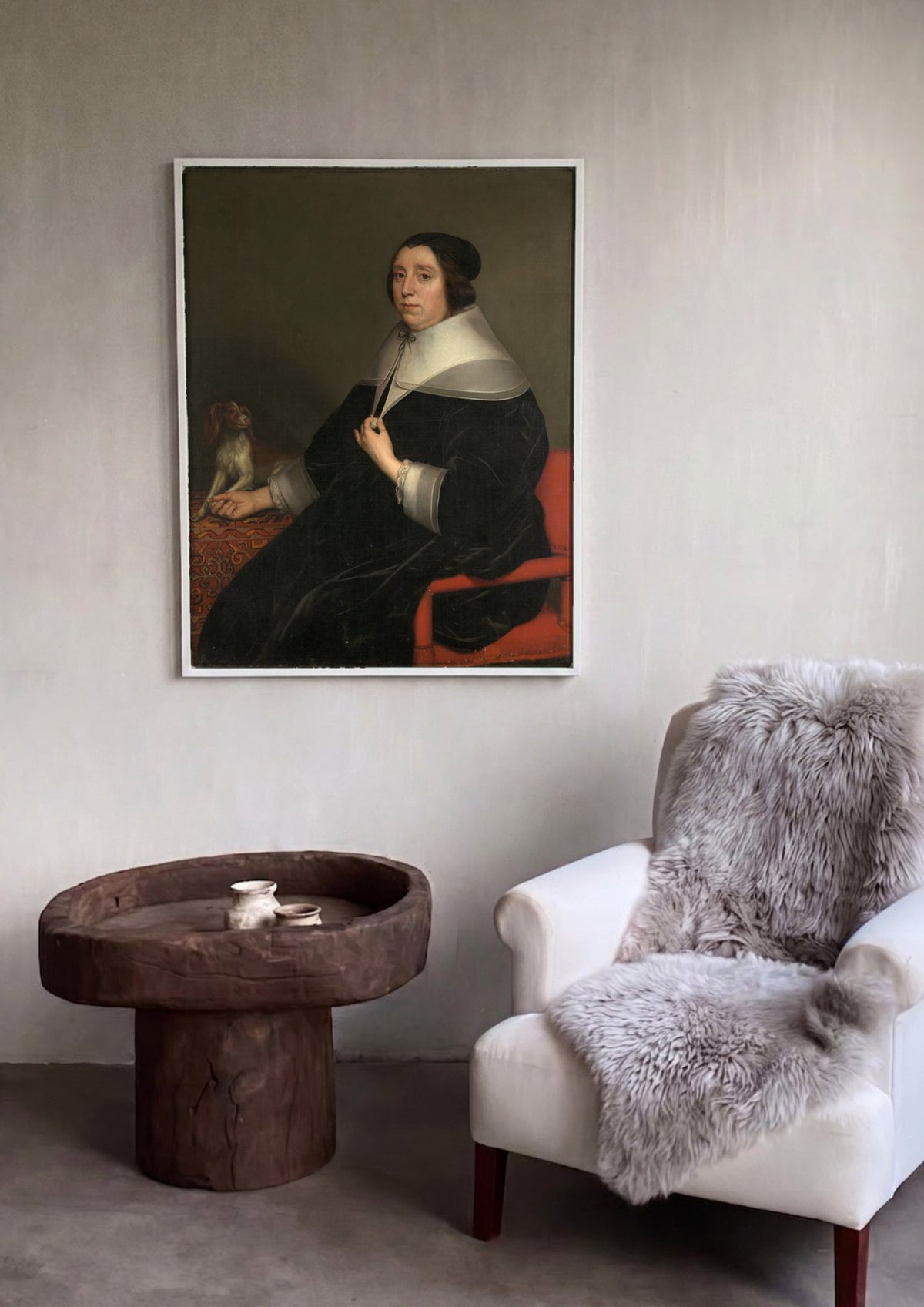 Quadro Decorativo Retrato Feminino com Cão - Honthorst | quadro emoldurado na parede