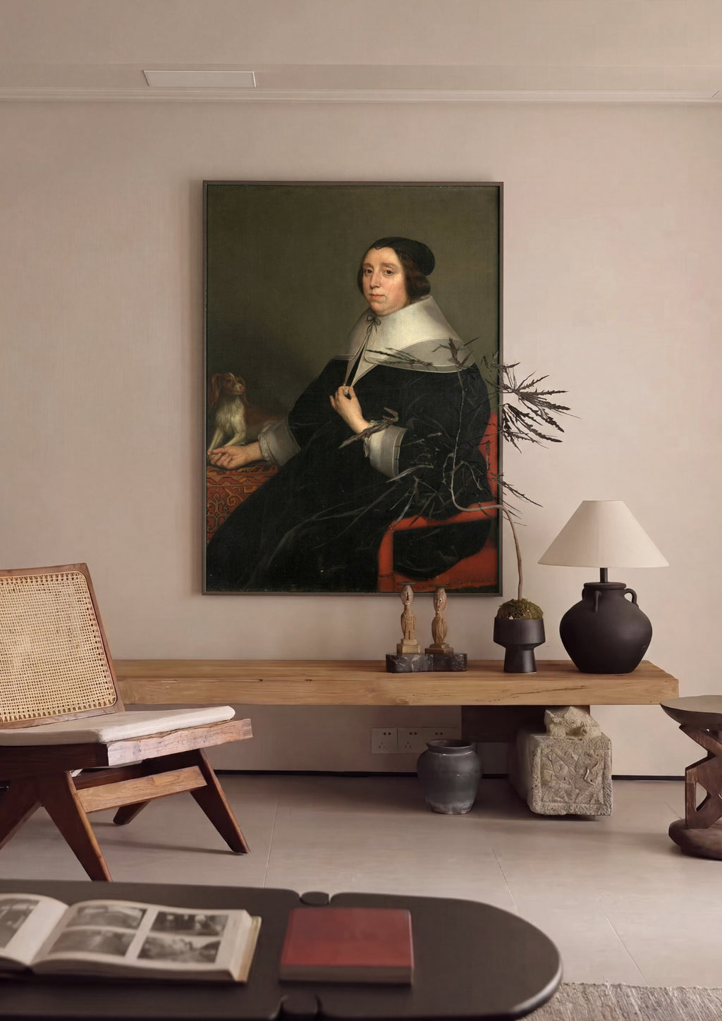 Quadro Decorativo Retrato Feminino com Cão - Honthorst | quadro emoldurado na parede