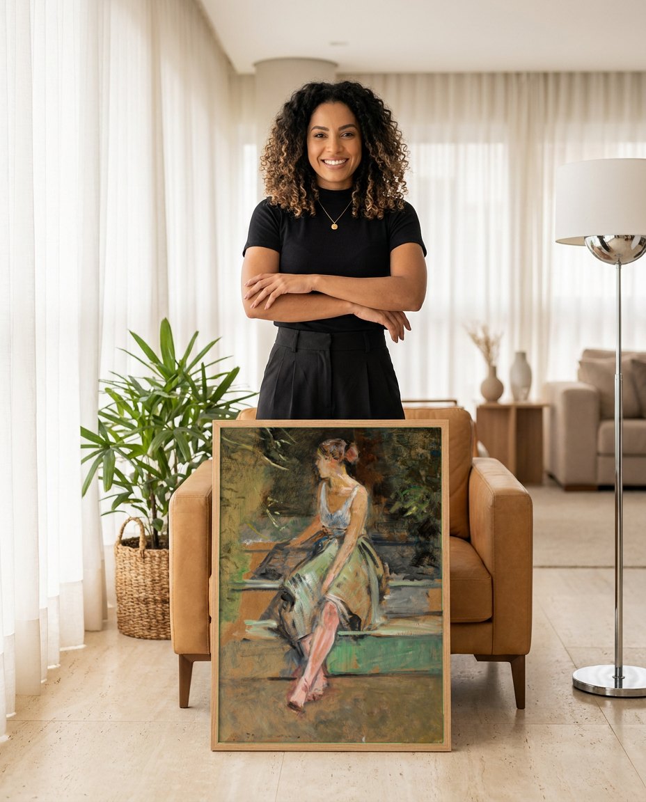 Quadro Decorativo A Jovem na Varanda - Jacek Malczewski | modelo apresentando o quadro emoldurado