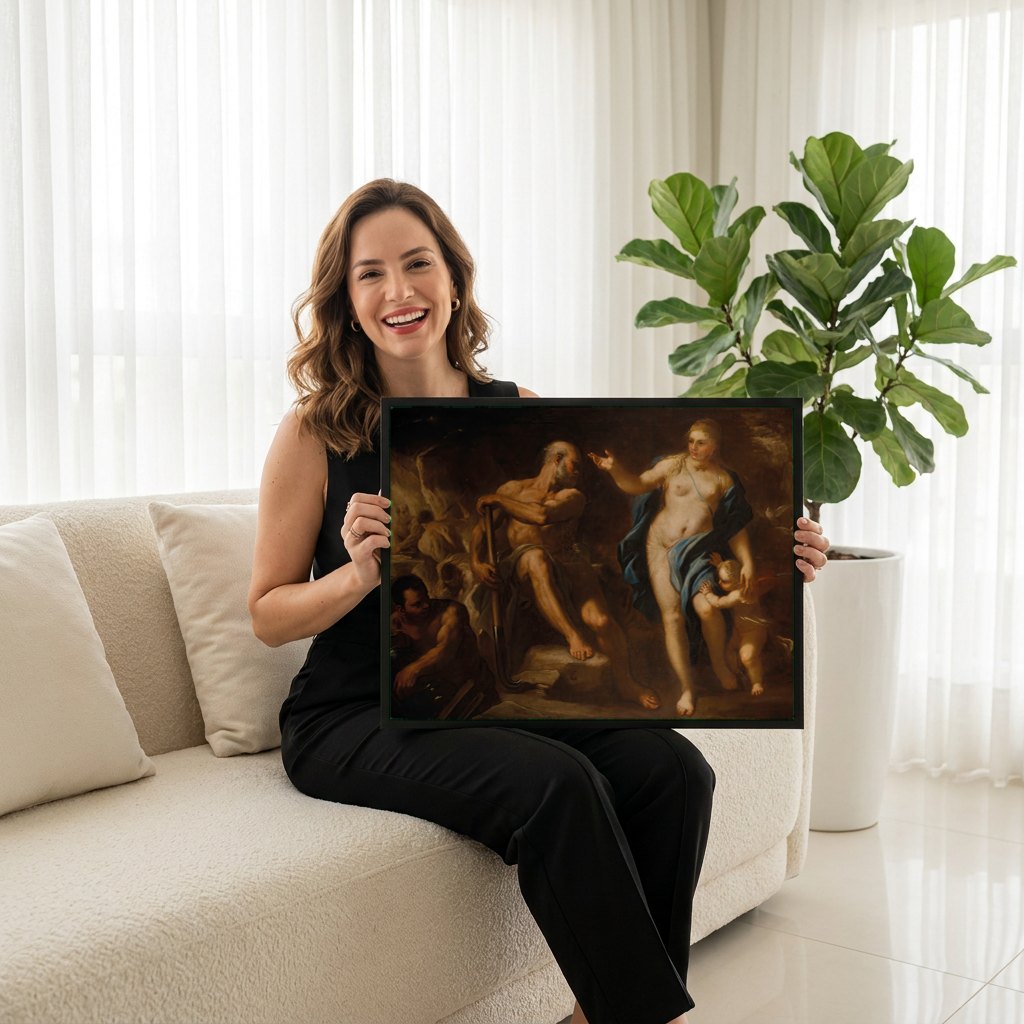 Quadro Decorativo A Forja de Vulcano - Luca Giordano | modelo apresentando o quadro emoldurado