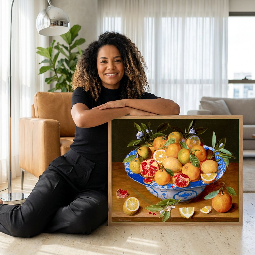 Quadro Decorativo Cesto de Frutas Cítricas - F. I. van Velde | modelo apresentando o quadro emoldurado