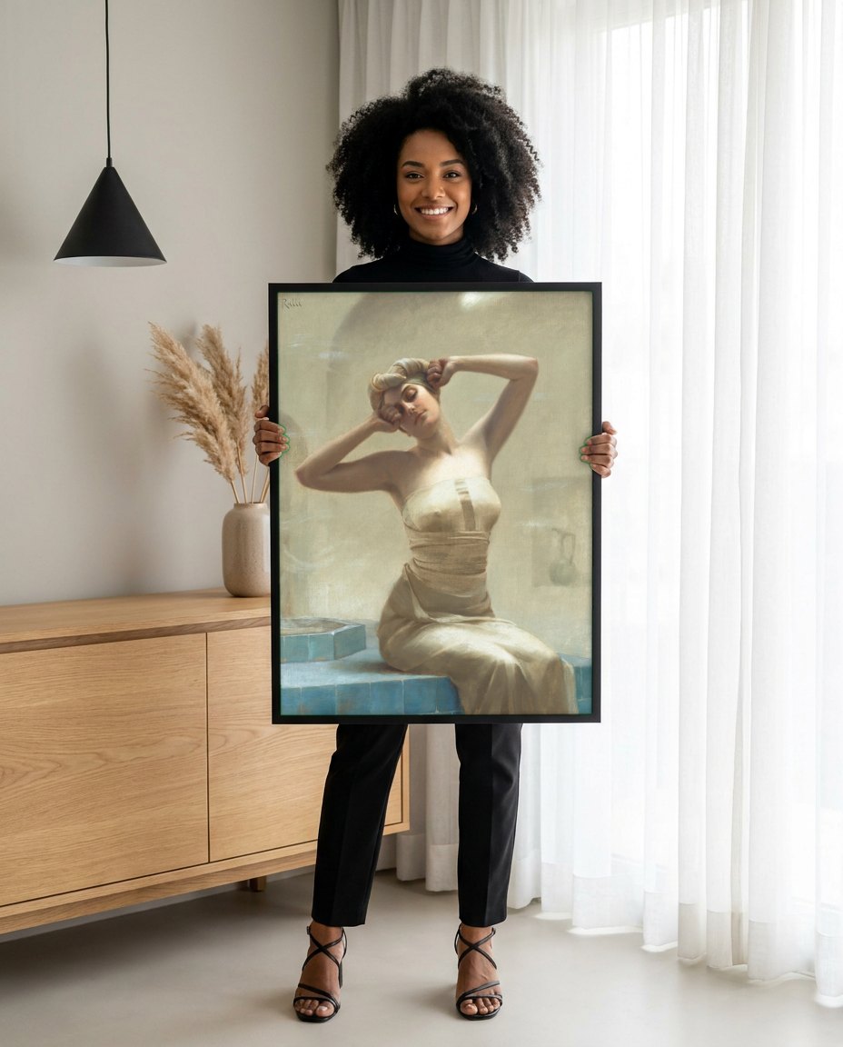 Quadro Decorativo A Mulher no Banho Turco - Theodoros Ralli | modelo apresentando o quadro emoldurado