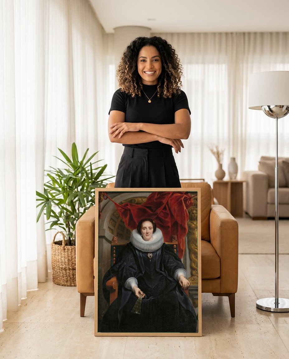 Quadro Decorativo Retrato de Senhora - Jacob Jordaens | modelo apresentando o quadro emoldurado
