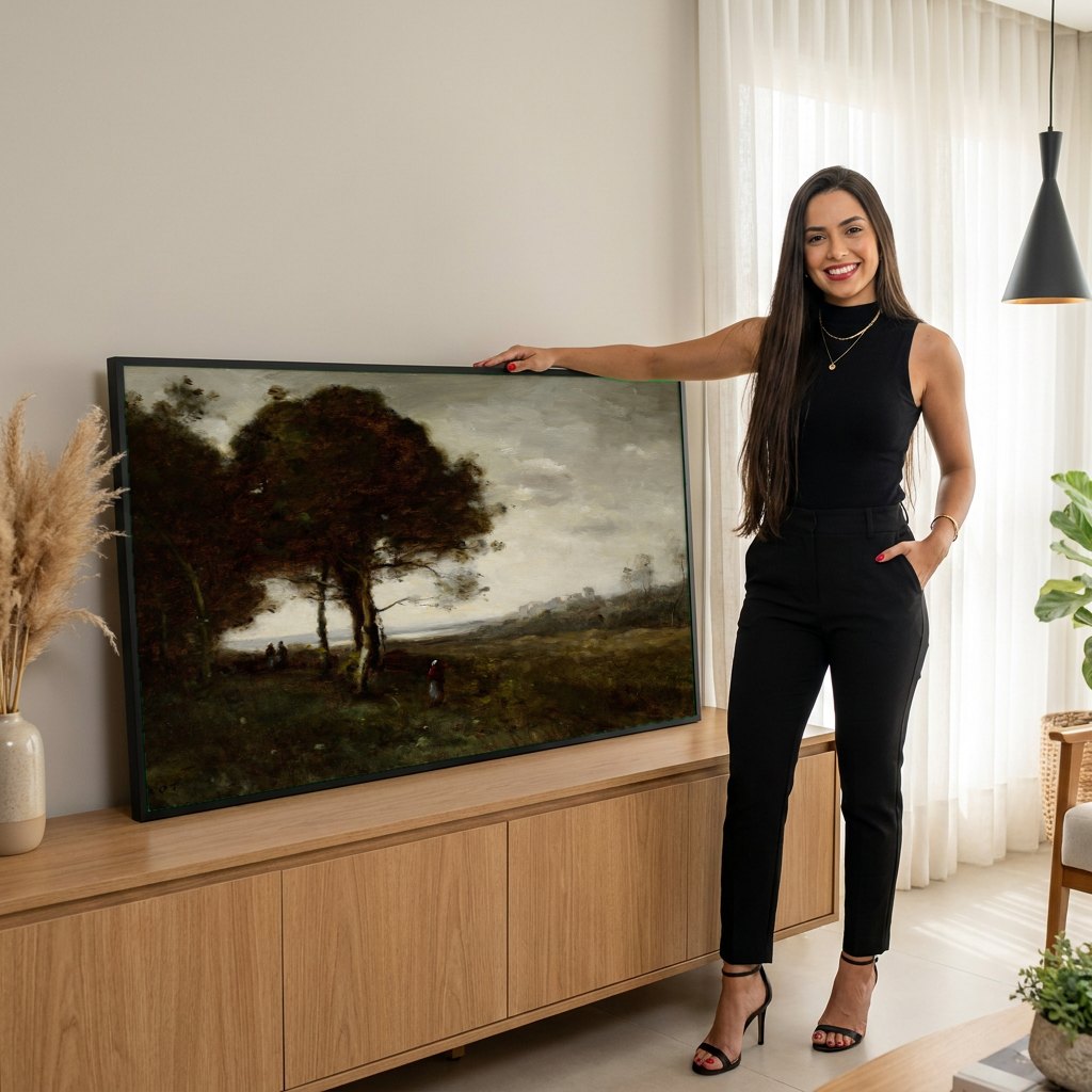 Quadro Decorativo Paisagem com Figuras - Corot | modelo apresentando o quadro emoldurado